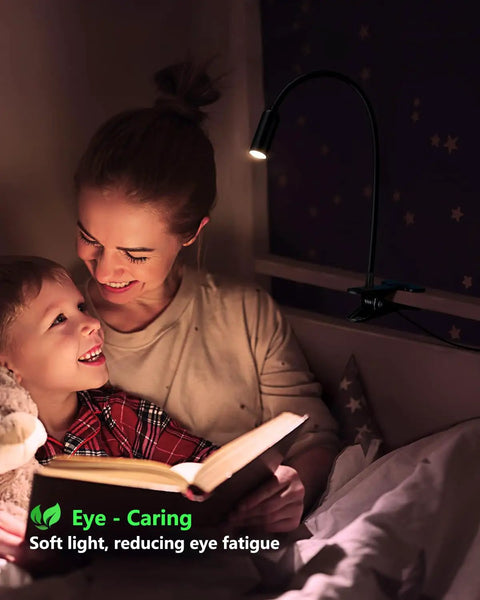 Mother and child reading under LED Desk Lamp With Clamp For Home Office And Reading, 12 Inch Flexible Gooseneck, Eye Protection USB Light on headboard