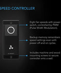 Airlift S10 Shutter Exhaust Fan With PWM Controlled 10 Speed Controller And EC Motor display, showing speed control features.