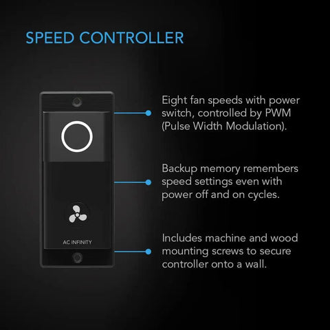 Airlift S10 Shutter Exhaust Fan With PWM Controlled 10 Speed Controller And EC Motor display, showing speed control features.