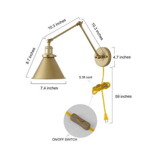 Gold Brushed Swing Arm Wall Sconces With Orange Cord Plug In Or Hardwired Adjustable Lighting Fixture With Inline Switch dimensions