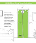 Diagram showing 3D Classic Old Wood Door Decal Kit Peel And Stick Wall Mural Cover on green door, step-by-step installation guide.