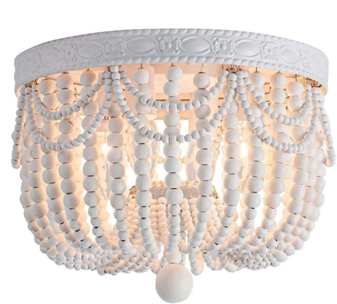 Four Light Boho Wood Beaded Ceiling Light Fixture, Rustic Flush Mount Chandelier For Foyer, Bedroom, Kitchen And Hallway, 12.6 Inch Diameter, White Maple Beads And Metal Frame