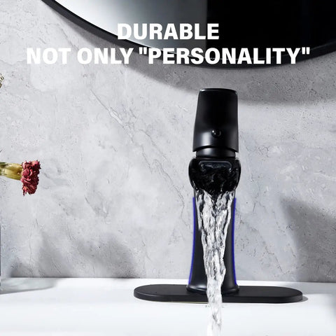 Matte Black Waterfall Bathroom Faucet With Pop Up Drain, Single Handle Deck Mount Vanity Tap for One Hole or Three Holes flowing water