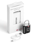 Keyless Fingerprint Lock With TSA Approval For Gym Luggage Travel Home Storage Smart Digital Locker And Backpack Safe No Fuss Unlocks By Fingerprint Stores Up To 10 Prints Share Access With Family Ideal For School Bike Office, shown with packaging and USB cable.