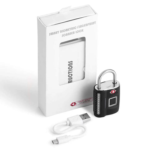 Keyless Fingerprint Lock With TSA Approval For Gym Luggage Travel Home Storage Smart Digital Locker And Backpack Safe No Fuss Unlocks By Fingerprint Stores Up To 10 Prints Share Access With Family Ideal For School Bike Office, shown with packaging and USB cable.