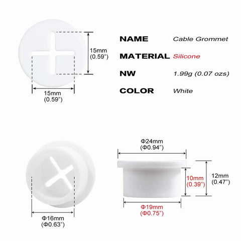 Dimensional diagram of Eight Pack Three Quarter Inch Cable Cord Grommets For Desk And Furniture Wall Holes White Silicone Rubber
