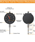 Neoteck dial indicator, 1 inch range, 0.001 inch resolution, black metal body; front and back views