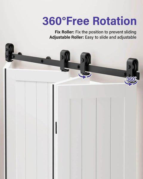 Durable 48 Inch Bifold Barn Door Hardware Kit for 44 Inch Closet Doors featuring J Shape Top Mount Rollers in black steel.