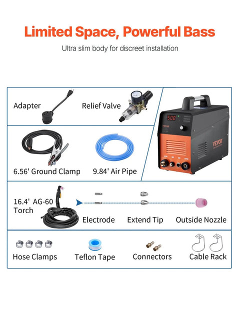 Pro Spec 50 Amp Plasma Cutter With Non-Touch Pilot Arc Torch, Dual Voltage 110V And 220V IGBT Inverter and accessories diagram.