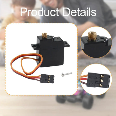 High Output Replacement RC Servo Motor For 1:16 Scale Remote Control Cars with connecting wires and a mounting screw.