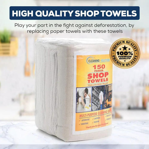 Cotton Shop Towels 14 By 12 Inches 145 Pack Reusable Cleaning Rags For Automotive Garage Workshop And Industrial Use White Durable Absorbent Lint Free Quick Clean Up Workhorse Towels package