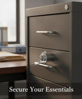 Zinc Alloy Cam Lock Replacement Hardware for Metal File Cabinets shown on a drawer in an office setting.
