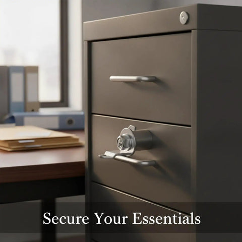Zinc Alloy Cam Lock Replacement Hardware for Metal File Cabinets shown on a drawer in an office setting.