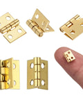 Assorted Gold Mini Brass Hinges Set For Dollhouse And Tiny Furniture, 100 Pcs 10x8mm 180 Degree Swing Hinges shown in detail
