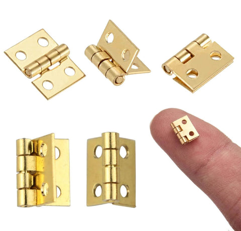 Assorted Gold Mini Brass Hinges Set For Dollhouse And Tiny Furniture, 100 Pcs 10x8mm 180 Degree Swing Hinges shown in detail