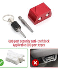 Heavy Duty Aluminum OBD Port Lock With Security Screw Tool Kit showing red lock, security key, and screwdriver set.