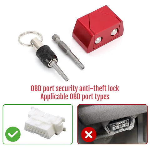 Heavy Duty Aluminum OBD Port Lock With Security Screw Tool Kit showing red lock, security key, and screwdriver set.
