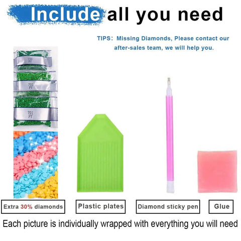 Diamond Art Painting Kit For Adults And Beginners, 5D Full Drill Round Canvases, includes diamonds, tray, pen, and wax.