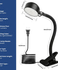 Ultimate 15W LED Clamp Light With Flexible Gooseneck And Strong Clip 6000K Daylight Work Lamp shown with dimensions and plug