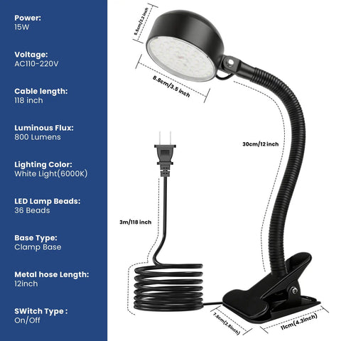Ultimate 15W LED Clamp Light With Flexible Gooseneck And Strong Clip 6000K Daylight Work Lamp shown with dimensions and plug