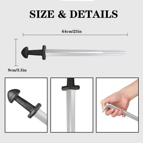 Two Pack 25 Inch Medieval Viking PU Foam Sword size and details with close-up of handle and blade, suitable for cosplay and LARP.