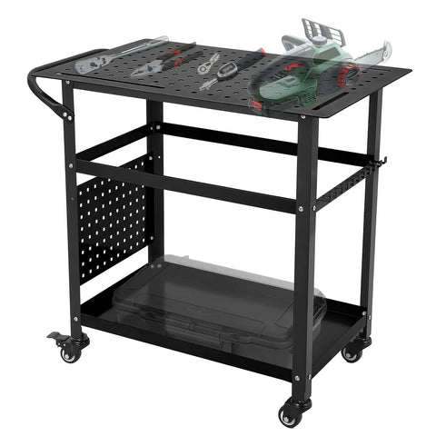 Heavy Duty Rolling Welding Cart With Spacious 36 By 24 Inch Steel Workbench On Wheels, tools on top shelf.