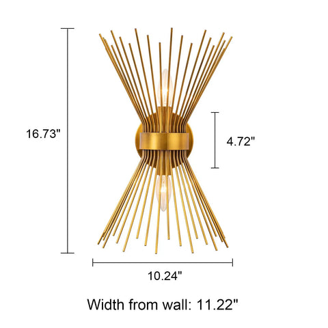 Front view of Gold Starburst Wall Sconce Vanity Light With Two Bulbs For Bathroom Hallway And Bedroom Mid Century Modern Indoor Lighting Vintage Style Wall Lamp Dope Vibe Home Decor 11 By 4.7 By 15.8 Inches showing dimensions