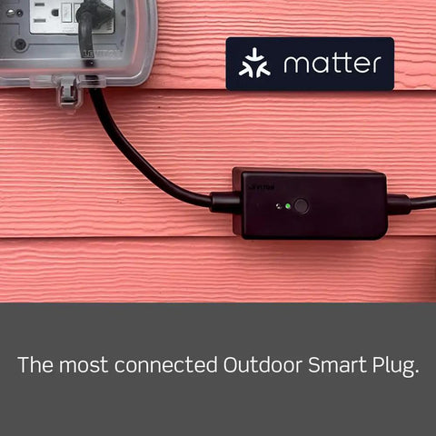 Heavy Duty Smart WiFi Outdoor Plug With Hella Weather Resistant Shell For Holiday Lights Yard Decor And Garden Pumps Matter Enabled Voice Control Switch In Matte Black connected to an outlet.