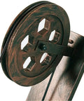 Close-up of vintage pulley detail from Set Of Two Retro Industrial Pulley Wall Lamps Crafted From Heavy Duty Vintage Metal With A Weathered Rustic Finish Perfect E27 Socket Compatibility.