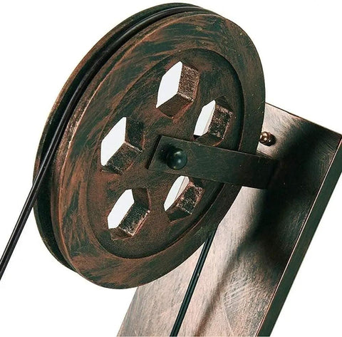 Close-up of vintage pulley detail from Set Of Two Retro Industrial Pulley Wall Lamps Crafted From Heavy Duty Vintage Metal With A Weathered Rustic Finish Perfect E27 Socket Compatibility.