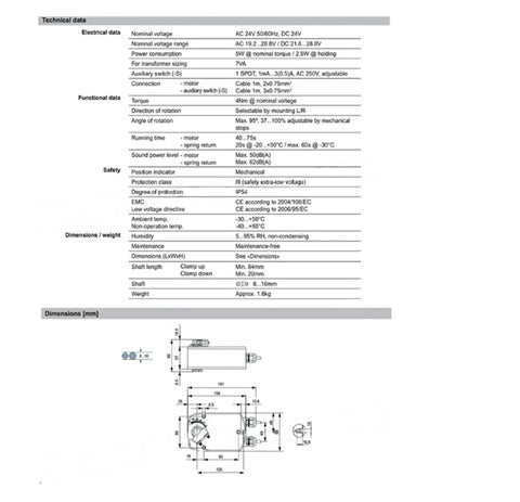 Specifications for Built Like A Tank For HVAC Airflow Control Using 24 Volt AC DC Power, showing dimensions and features.