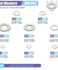 Heavy Duty Fender Washers Assortment Kit in 304 Stainless Steel, showing SAE sizes 1/4 to 12, 300 pieces in organized layout