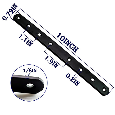 Image of dimensions for 12 Pack Heavy Duty Black Straight Mending Plates 10 Inch 250mm Metal Brackets for brace joining wood.
