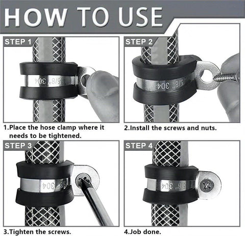 Cable Clamp Assortment Kit with 68 stainless steel clamps in 8 sizes and storage case; four-step installation guide.