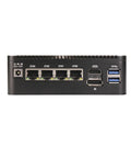 Top Shelf Micro Firewall Appliance Mini Pc With Pentium Gold 6405u Processor And Four 2.5Gbe Lan Ports back view with ports and connectors.