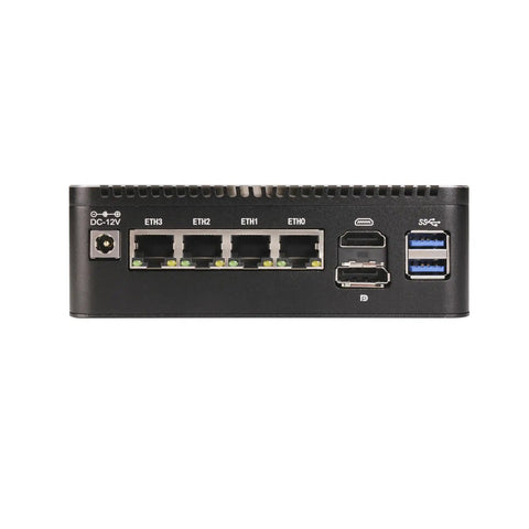 Top Shelf Micro Firewall Appliance Mini Pc With Pentium Gold 6405u Processor And Four 2.5Gbe Lan Ports back view with ports and connectors.