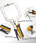 Heavy Duty Quick Release Pocket Hole Clamps Pair Featuring Lock Tight Right Angle Vise Grips with molded grips and swivel action.