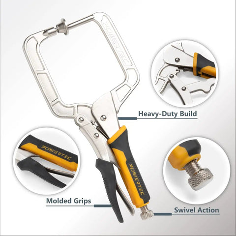 Heavy Duty Quick Release Pocket Hole Clamps Pair Featuring Lock Tight Right Angle Vise Grips with molded grips and swivel action.