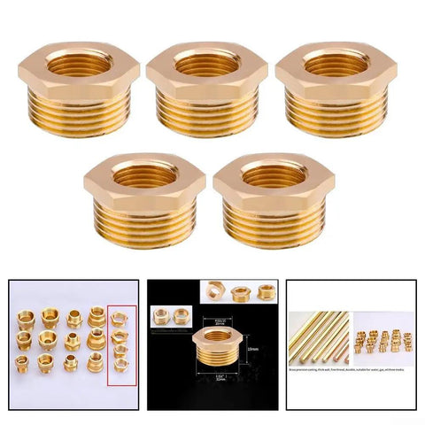 Brass Bushing Adapter Kit 5-Piece Set showing hex bushings for 1 NPT male to 1/2 NPT female threads in industrial use