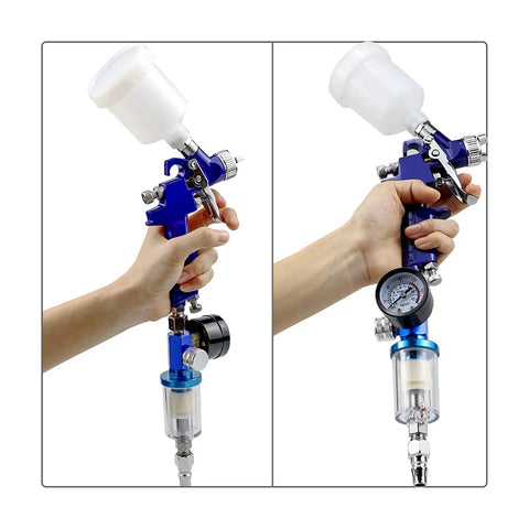 Badass Pro Hvlp Spray Gun Workhorse With Built In Regulator For Car Painting 0.8 And 1.0Mm Gravity Feed Airbrush Kit 125Ml Cup held in hand with pressure gauge.