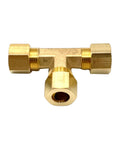 Brass 3/8 in compression tee fitting, T-shaped with two compression ends and bottom female-threaded outlet.
