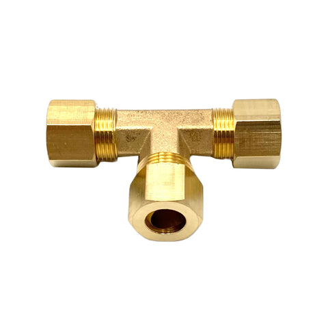 Brass 3/8 in compression tee fitting, T-shaped with two compression ends and bottom female-threaded outlet.