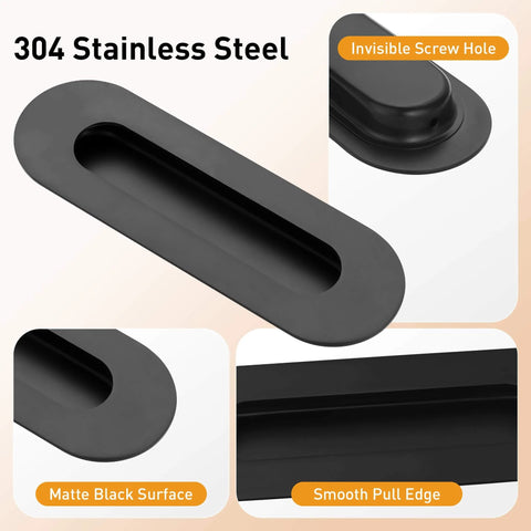 6 Inch Oval Black Pocket Door Pull Heavy Duty Stainless Steel Finger Flush Pull For Closet And Sliding Barn Doors 2 Pack Durable Rust Resistant 304 Stainless Hardware, close-up of matte black finish and pull edge.