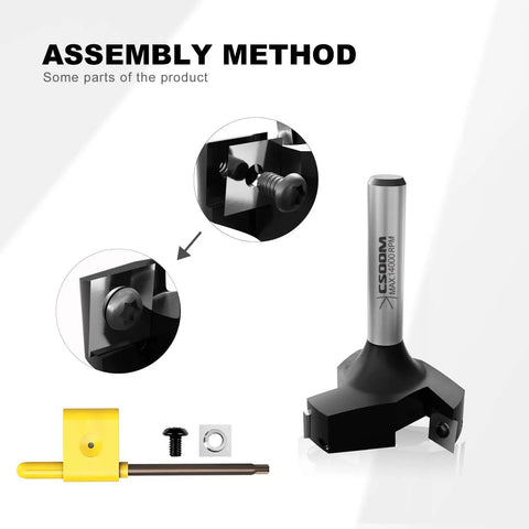 Assembly method for Pro Grade Heavy Duty CNC Spoilboard Surfacing Router Bit With Half Inch Shank And Two Inch Cutting Diameter.