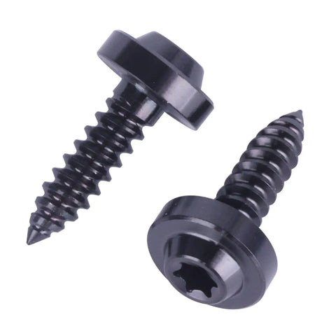 Badass Titanium Self Tapping Screws M5 X 18Mm Torx Head Design for rock solid fastening, two black screws showcasing their sharp tips.