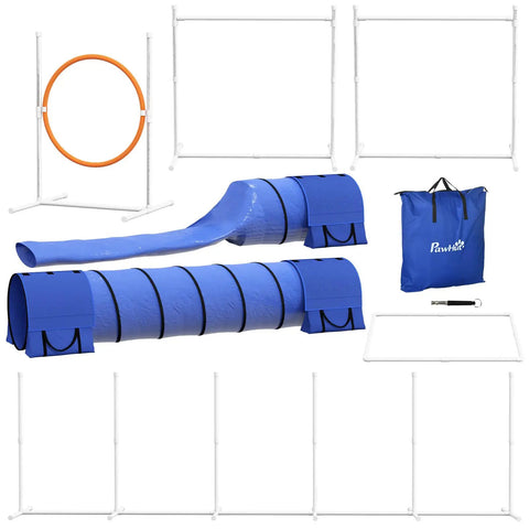 Agility Training Gear For Pets And Pups With Tunnels, Weave Poles, Adjustable Hurdles, Jumping Ring, Pause Box, And Whistle, Blue