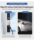 Instructions for using a dual head charging gun for electric vehicles. Includes socket and vehicle connection steps.