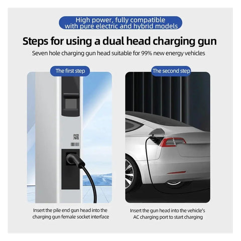 Instructions for using a dual head charging gun for electric vehicles. Includes socket and vehicle connection steps.