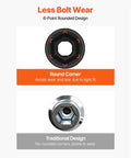 Comparison of 6-point rounded design vs. traditional impact socket, highlighting less bolt wear for Impact Socket Set One Half Inch Drive