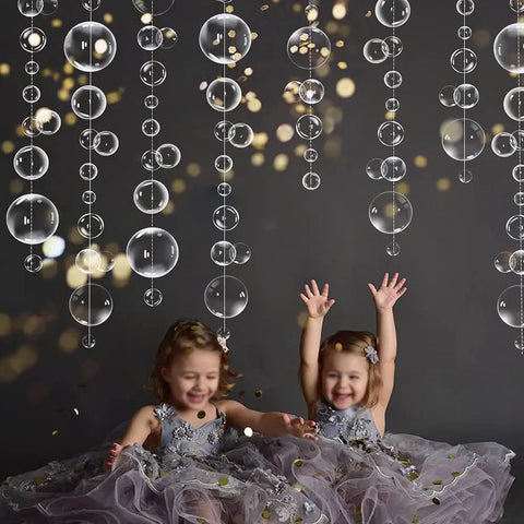 White Bubble Garland Set 26.4 Feet Of Transparent PVC Bubbles For Mermaid Ocean Party Decor with children playing underneath